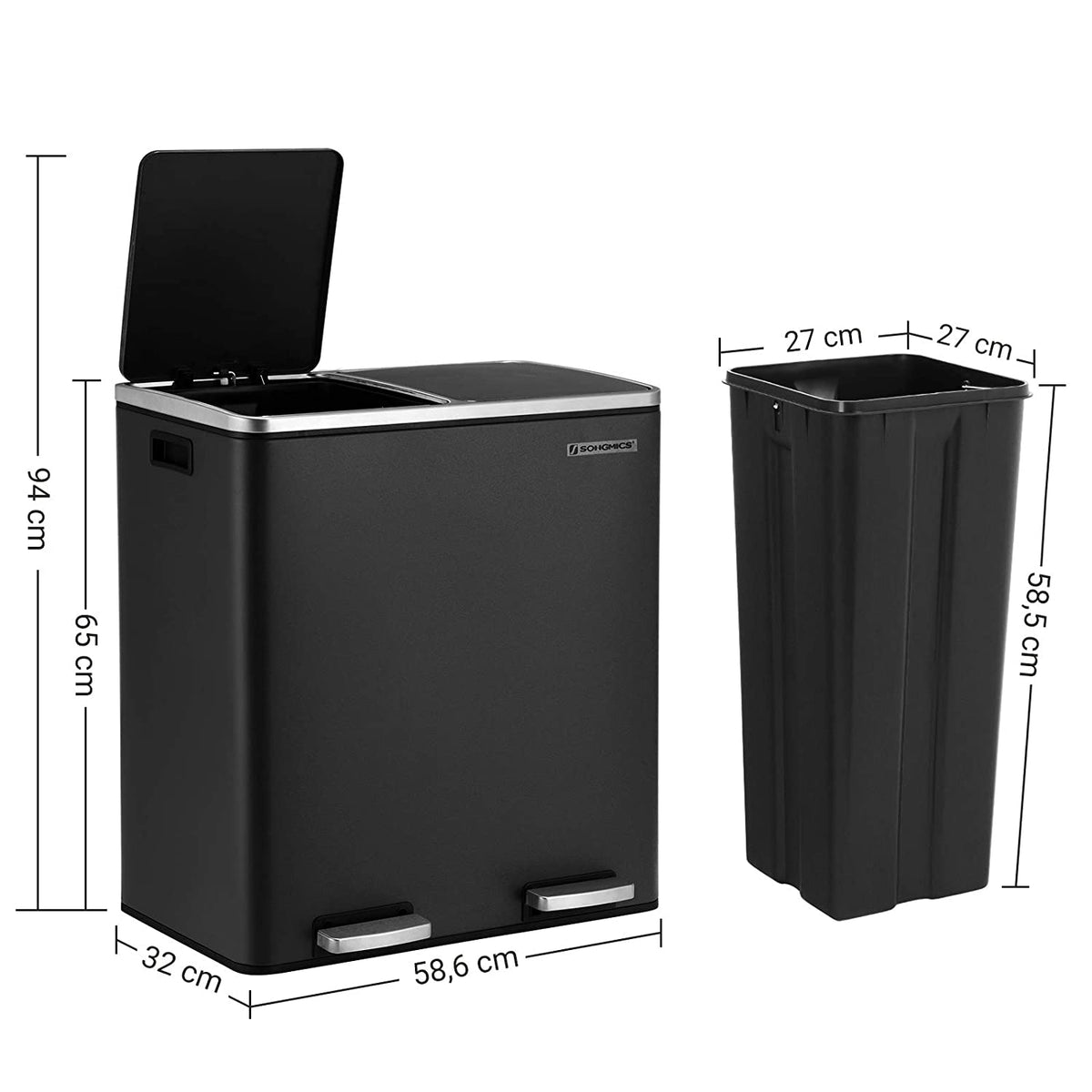 SONGMICS Dual Rubbish Bin 2 X 30L Recycling Bin Black HearthlyHome songmics-dual-rubbish-bin-2-x-30l-recycling-bin-black-hearthlyhome